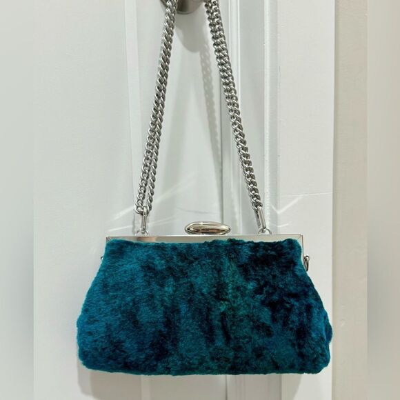 Peacock Blue Handmade Real Shearling Push Lock Clutch/Shoulder Bag/Crossbody - Picture 5 of 16